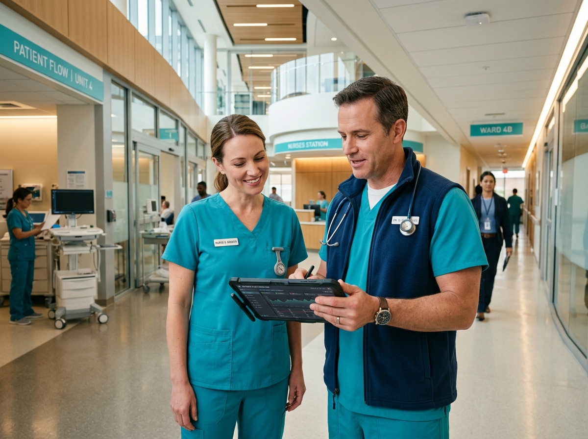 Hospital care team collaborating with digital tablet